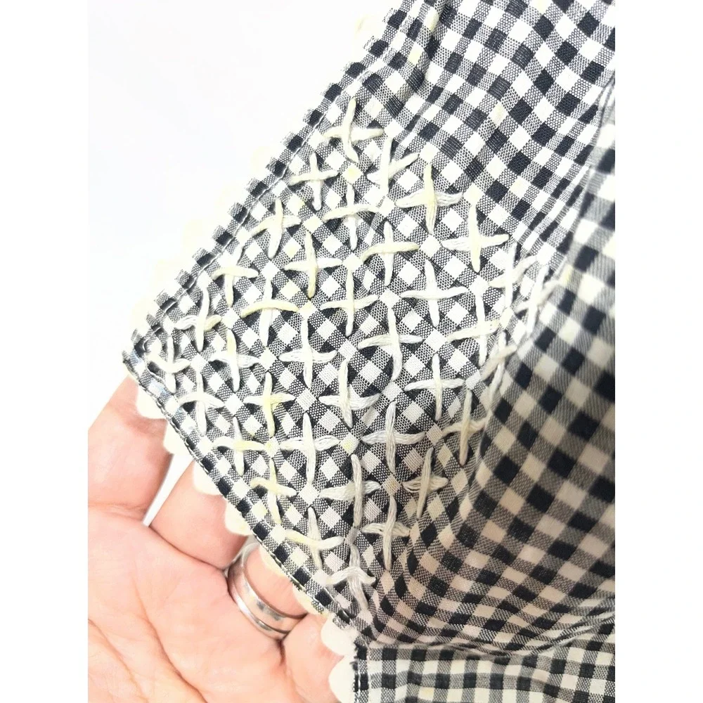 VTG Gingham 1/2 Apron Women Black White Chicken Scratch Embroidery Rickrack Trim